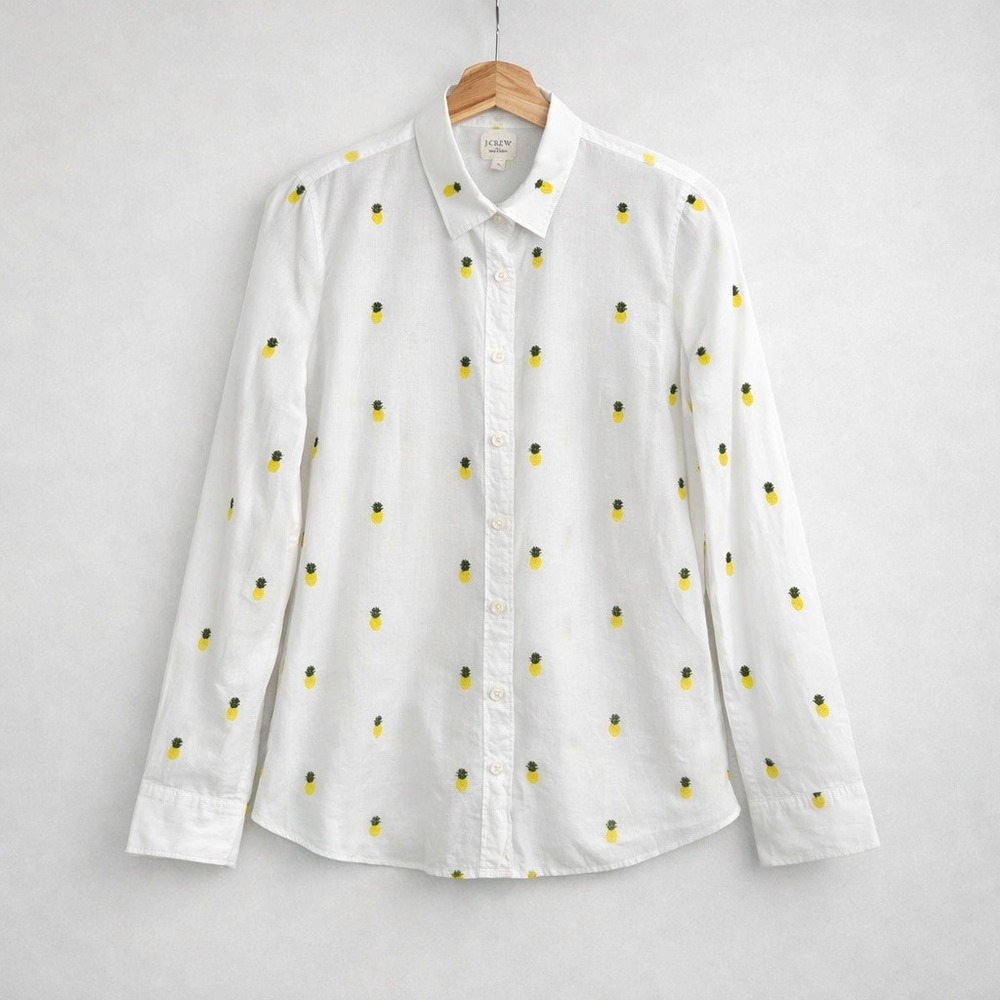 J.Crew Pineapple Embroidered Button Down Top Crisp Cotton Summer Hawaii Medium